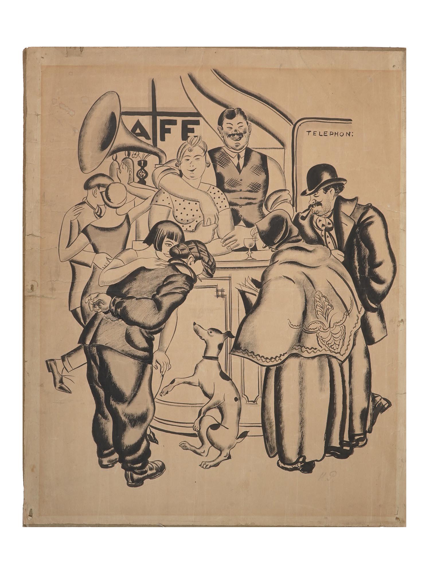 RUSSIAN ILLUSTRATION PAINTING ATTR NIKOLAI REMIZOV: Attributed to Nicolai Remisoff or Remizov, Ukrainian, Russian Soviet, American, 1887 to 1975, ink painting illustration on paper mounted on cardboard depicting an American cafe scene. Signed by the ar