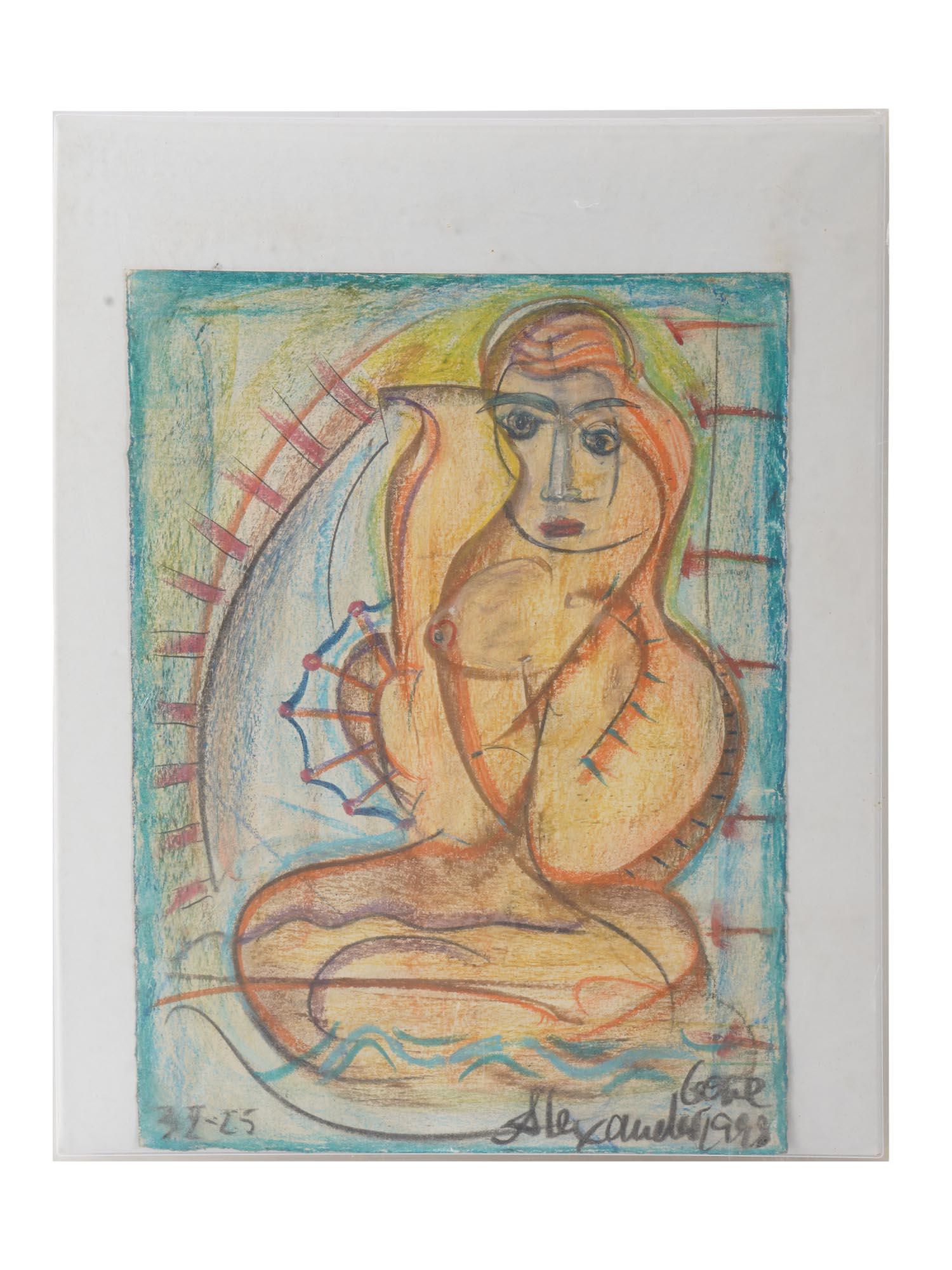 ABSTRACT NUDE PAINTING BY ALEXANDER GORE, 1998: Alexander Gore, Russian, American b. 1958, color pencil drawing on paper featuring a female nude figure in Gore's traditional style. Signed lower right: Gore Alexander 1998. Numbered 32 - 25 lower lef