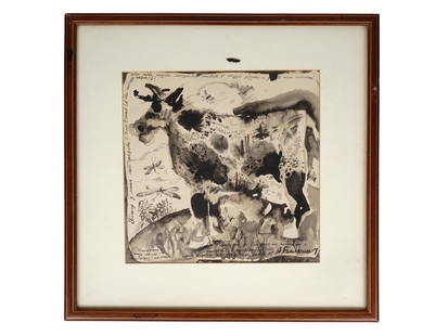 SOVIET NONCONFORMIST PAINTING BY ANATOLY BELKIN: Anatoly Belkin, Russian, born 1953, ink on paper drawing Why I do not have a cow? Depicts a cow with various letterings in Russian. Signed lower right and dated. Circa the mid-1970s. Anatoly Pavlovich