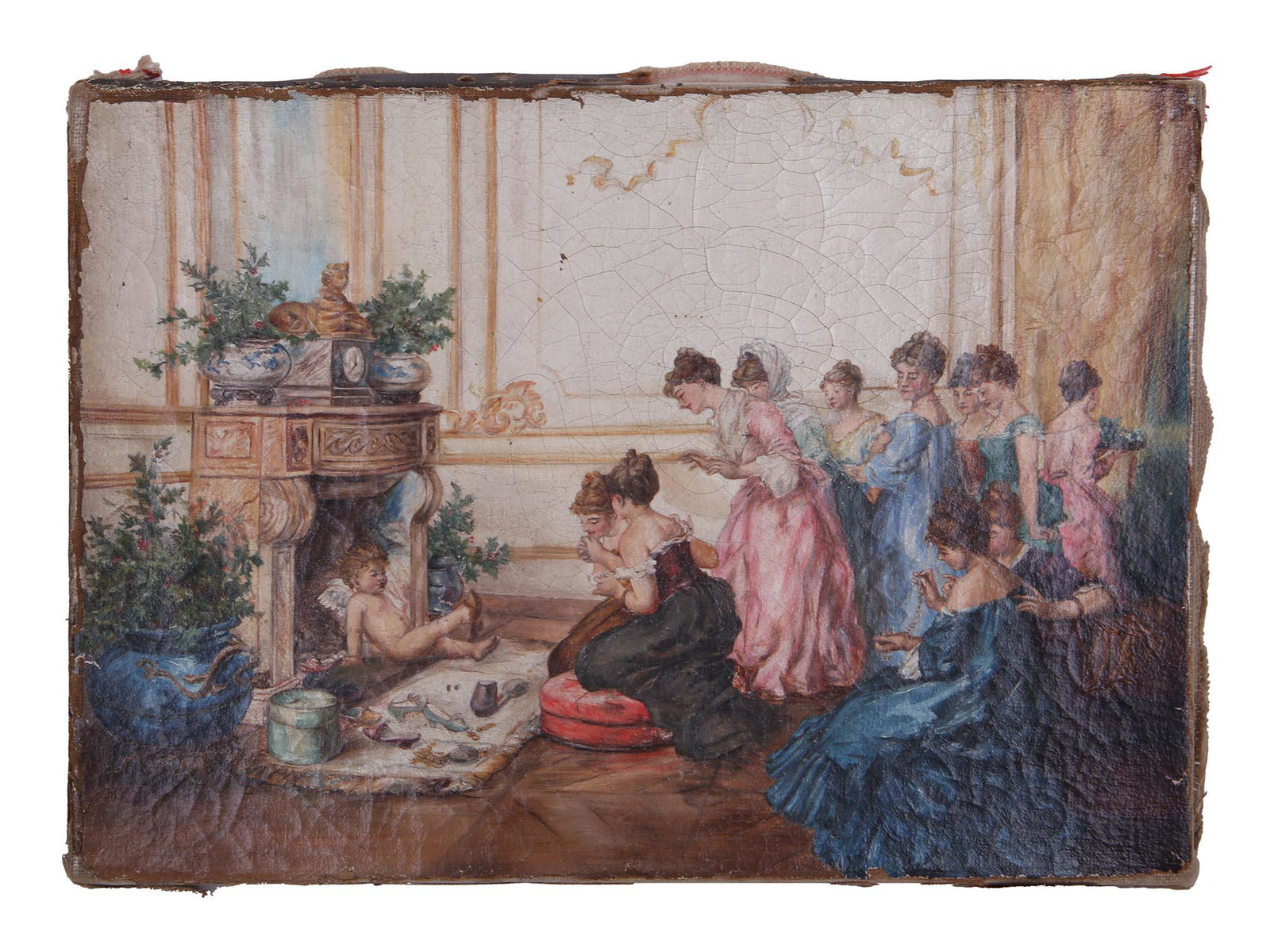 ANTIQUE OIL PAINTING IN THE MANNER OF REGGIANINI: An antique European oil painting on canvas depicting a charming interior scene with a cherub trying on shoes and noble ladies. Unsigned. The painting is made in the manner of Vittorio Reggianini, Ital