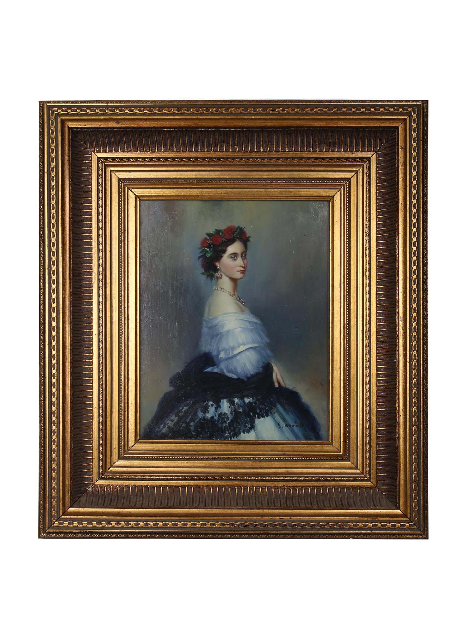 AFTER WINTERHALTER OIL PAINTING PORTRAIT SIGNED: An oil painting on board after the original oil painting on canvas, Princess Alice (1843-78), later Grand Duchess of Hesse, 1861 by Franz Xaver Winterhalter, German, 1805 to 1873. Signed by the artist