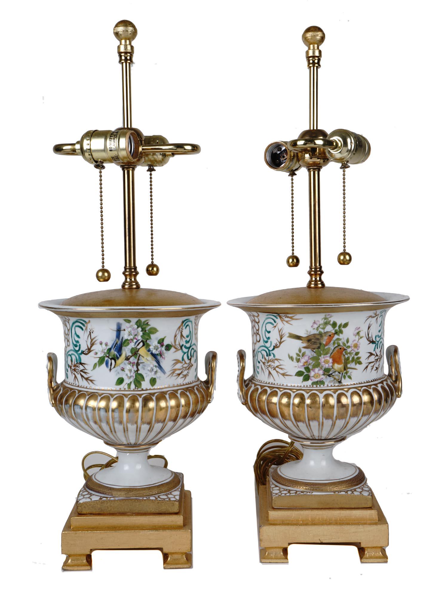 TWO VINTAGE GILT BRASS PORCELAIN URN TABLE LAMPS (1 of 12)