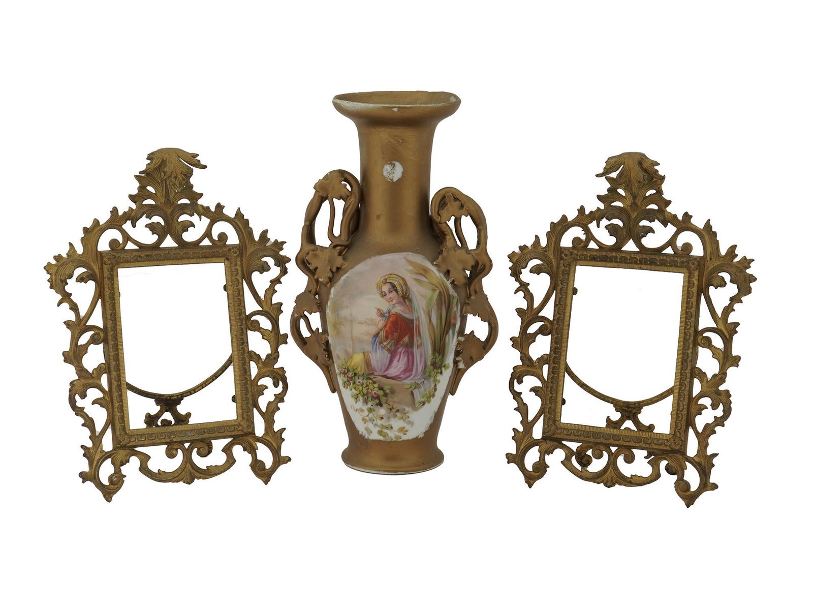 ANTIQUE GILDED PORCELAIN VASE PAIR BRONZE FRAMES: A set of an antique porcelain vase and a pair of bronze picture frames. The vase is gilded and hand painted with a vignette portrait of a charming lady in the garden. The handles are made in the shape