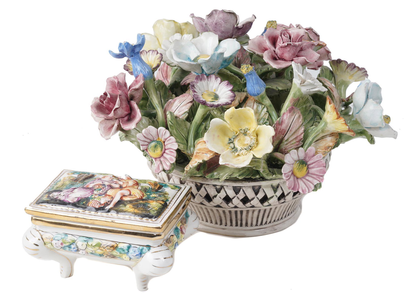 PAIR OF ITALIAN CAPODIMONTE PORCELAIN ITEMS BOX: A pair of Italian Capodimonte porcelain items. A hand-painted porcelain jewelry box with four legs. The box is adorned with a painted genre scene depicting a pair of girls on the top of the lid, a col