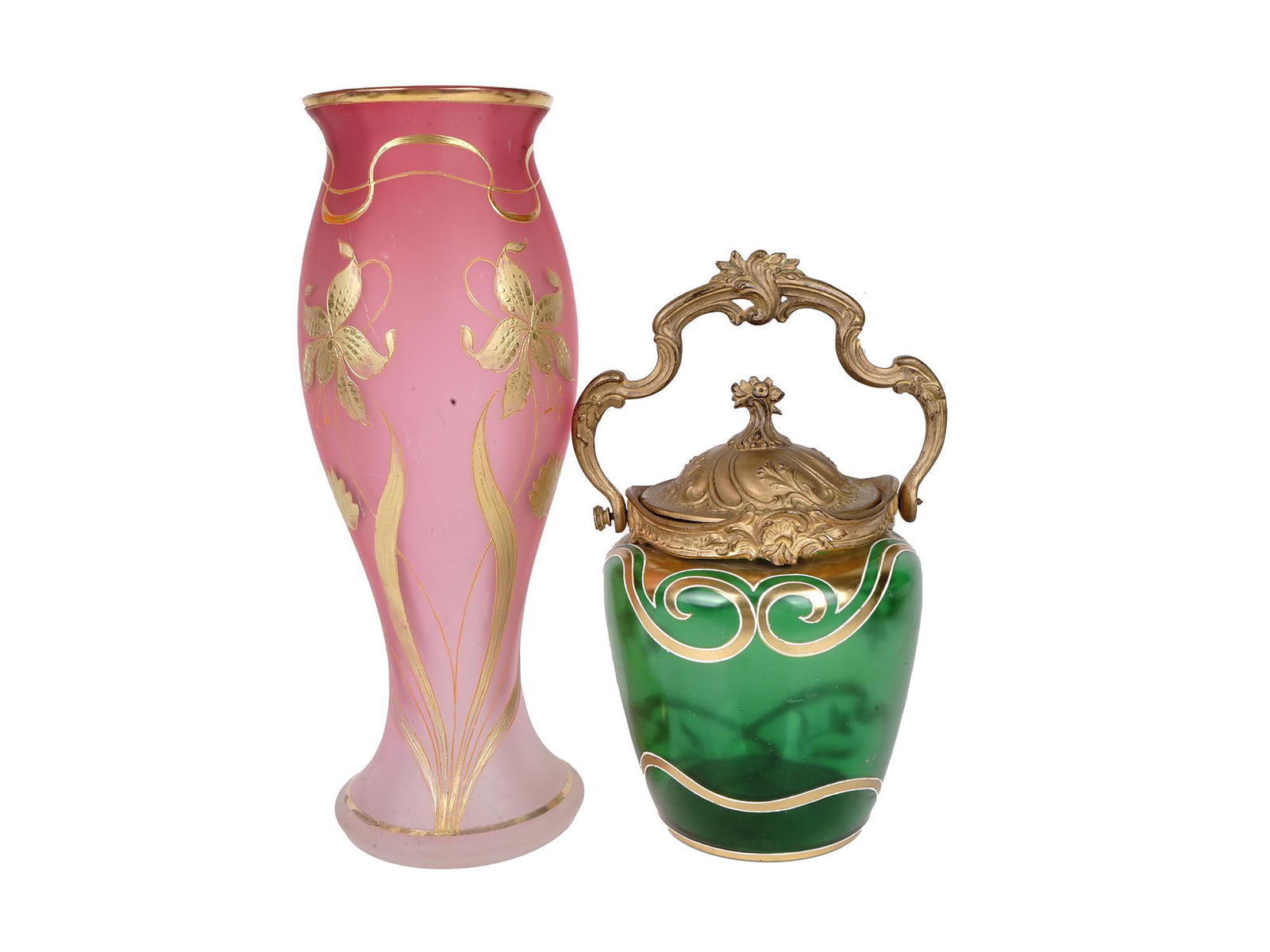 ART NOUVEAU GLASS VASE AND BISCUIT JAR WITH GILT (1 of 8)