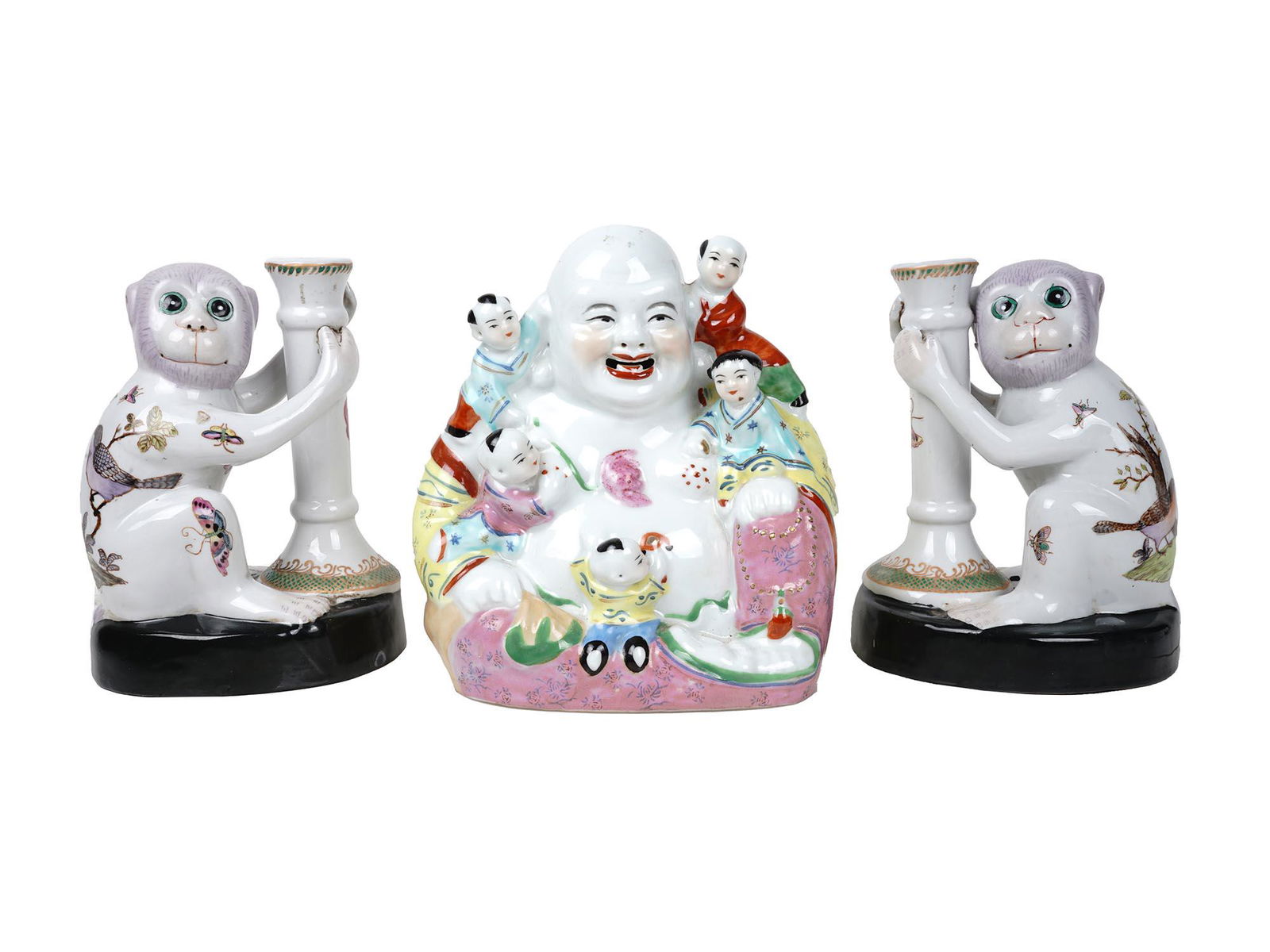 CHINESE PORCELAIN MONKEY CANDLE HOLDERS AND BUDDHA (1 of 12)