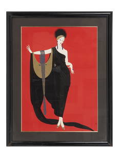 ERTE GLAMOUR ART DECO STYLE FRAMED PRINT: A large vintage Art Deco style offcet lithograph print Glamour by Erte. The artwork depicts a lady wearing a Egyptian fashion inspired outfit on a red background. Romain de Tirtoff, 1892 to 1990 was