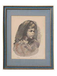 VINTAGE SIGNED LIMITED ED. GIRLS PORTRAIT PRINT: A Mid Century lithograph print depicting a portrait of a girl. Illegibly signed in pencil on the lower right: Yani Reuven (?) and numbered 47/100 on the lower left. Matted and framed. Authentic Hand