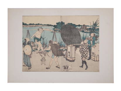 VINTAGE JAPANESE UKIYO E COLOR WOODBLOCK PRINT: A vintage Japanese Ukiyo e color woodblock print on paper depicting a rural river scene. After Katsushika Hokusai Edo period wood block inc and color on paper from Hokusai Gafu, 1849 (Kaei 2), from th