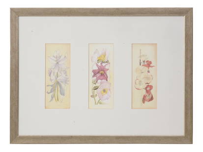 VINTAGE FLOWER PRINTS AFTER CHARLES MACKINTOSH: A set of three prints depicting flowers. The artworks are executed in the Art Nouveau style close to the manner of Charles Rennie Mackintosh. White mat, canvas frame. Collectible Graphic Art For