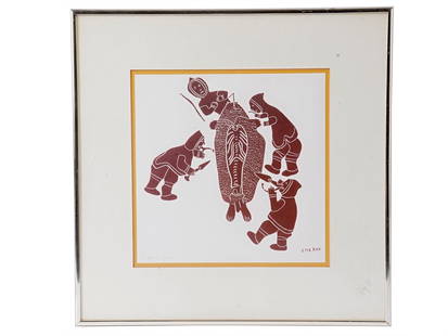 ESKIMO ART PRINT INUK HUNTERS SIGNED MARK EMERAK: Mark Emerak, 1901 to 1983, Native Canadian Inuit artist. A stonecut print in red of four Inuk hunters carving up a seal. Signed in the lower right. Titled A Good Feed in the lower left. Holman (NWT)