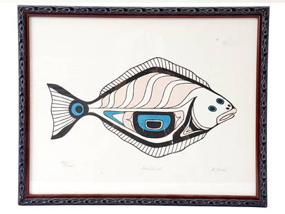 TLINGIT TRIBAL ART PRINT FISH SIGNED RAYMOND PECK: Raymond (Ray) Peck, 20th-century Tlingit artist. The Tlingit are indigenous peoples of the Pacific Northwest Coast of North America. A colored stonecut print of a fish executed in the forms of traditi