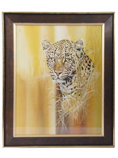 AMERICAN ART PRINT OF LEOPARD BY PHIL PRENTICE: Phil Prentice, American, born 1930, 3 dimensional art print on board depicting a Leopard. Signed lower right. Framed. Phil Prentice is an American artist known for animals and wildlife artwork. He