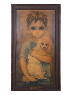 VINTAGE PRINT CHILD WITH DOG SIGNED KEANE: A vintage print on the cupboard signed Keane on the lower left. Dating back to the 1960-1970s. Walter Keane, 1915-2000, American artist whose paintings are now accepted as having been painted by his w