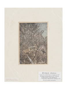 ANTIQUE ILLUSTRATION LITHOGRAPH BY ARTHUR RACKHAM: Arthur Rackham, English, 1867 to 1939, lithograph on paper, an illustration for A Misdummer Night Dream, published 1919. Signed and dated in the plate lower right. Inscribed with a printed paper