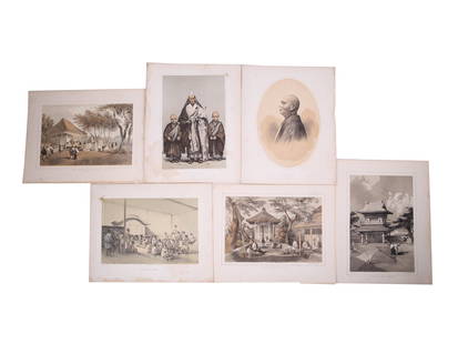 ANTIQUE JAPAN PERRY EXPEDITION COLOR LITHOGRAPHS: Six antique color lithograph prints including Budhist Priest at Simoda after Eliphalet Brown (1816-1886), Fire Companys House and Engine, Yokuhama, Mariners Temple at Simoda, Public bath at Simoda