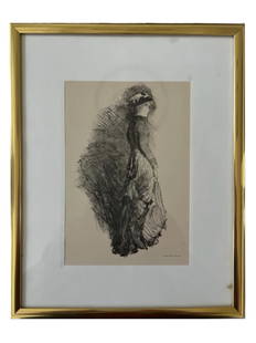 JAMES MCNAIL WHISTLER 19TH C. LITHOGRAPH FRAMED: An antique 19th century lithograph in black ink depicting a lady wearing a flounced dress and elaborate hat, 1878 by James Abbott McNeill Whistler, American, 1834 to 1903. Matted and framed. Marked