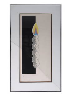 VINTAGE HAVDALAH CANDLE LITHOGRAPH NECHAMA GOLAN: Nechama Golan (Israeli, b. 1947) lithograph print depicting a Havdalah braided candle. Signed in pencil by the artist and stamped lower right. Numbered 37 of 260. Mounted and framed. Nechama Golan is