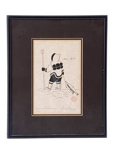 INUIT CANADIAN LITHOGRAPH FISHER BY ENOOK MANOMIE: Enook Manomie, Inuit, Canadian, 1941 to 2006, limited edition lithograph on parchment paper and hand signed in pencil lower right, Homebound Fisherman, 1979, from the commissioned series. Artisan