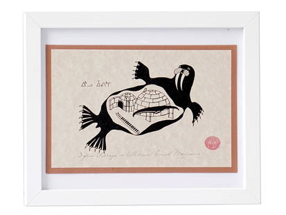 INUIT CANADIAN LITHOGRAPH WALRUS BY ENOOK MANOMIE: Enook Manomie, Inuit, Canadian, 1941 to 2006, limited edition lithograph on parchment paper hand signed and titled in pencil lower to the center. Red stamp lower right. Inscribed in the plate upper