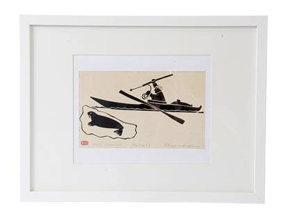 1970S LITHOGRAPH ESKIMO HUNTER BY HENRY NAPARTUK: Henry Napartuk, 1932 to 1985, Eskimo Inuit artist. A 1970s black stonecut print on paper of an Eskimo hunter in a boat and a walrus. Handsigned in the lower left. Titled Eskimo and Walrus in the