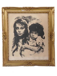 JUDAICA LITHOGRAPH PORTRAIT BY SANDU LIBERMAN: Sandu Liberman, Romanian, 1923 to 1977, lithograph on paper depicting a Judaica double portrait of Mother and Child. Signed in pencil lower right. Inscribed, Artist Proof, in pencil lower left.