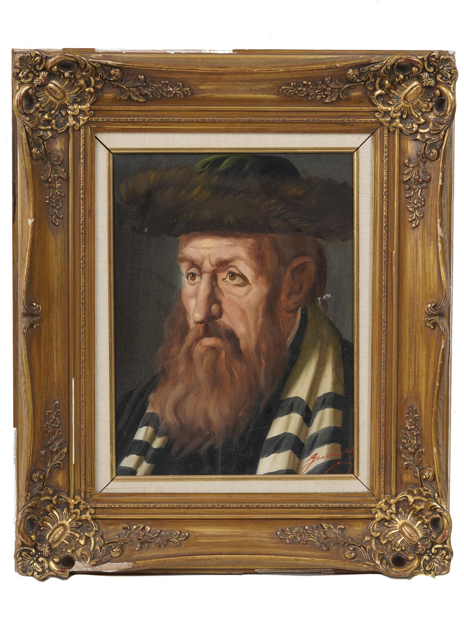 HUNGARIAN OIL PAINTING OF RABBI BY JENO GUSSICH: Jeno Gussich, Hungarian, born 1905, oil painting on canvas depicting a portrait of Hasidic Rabbi with a fur hat. Signed lower right. Framed. Jeno Gussich is a Hungarian artist known for Judaica portra