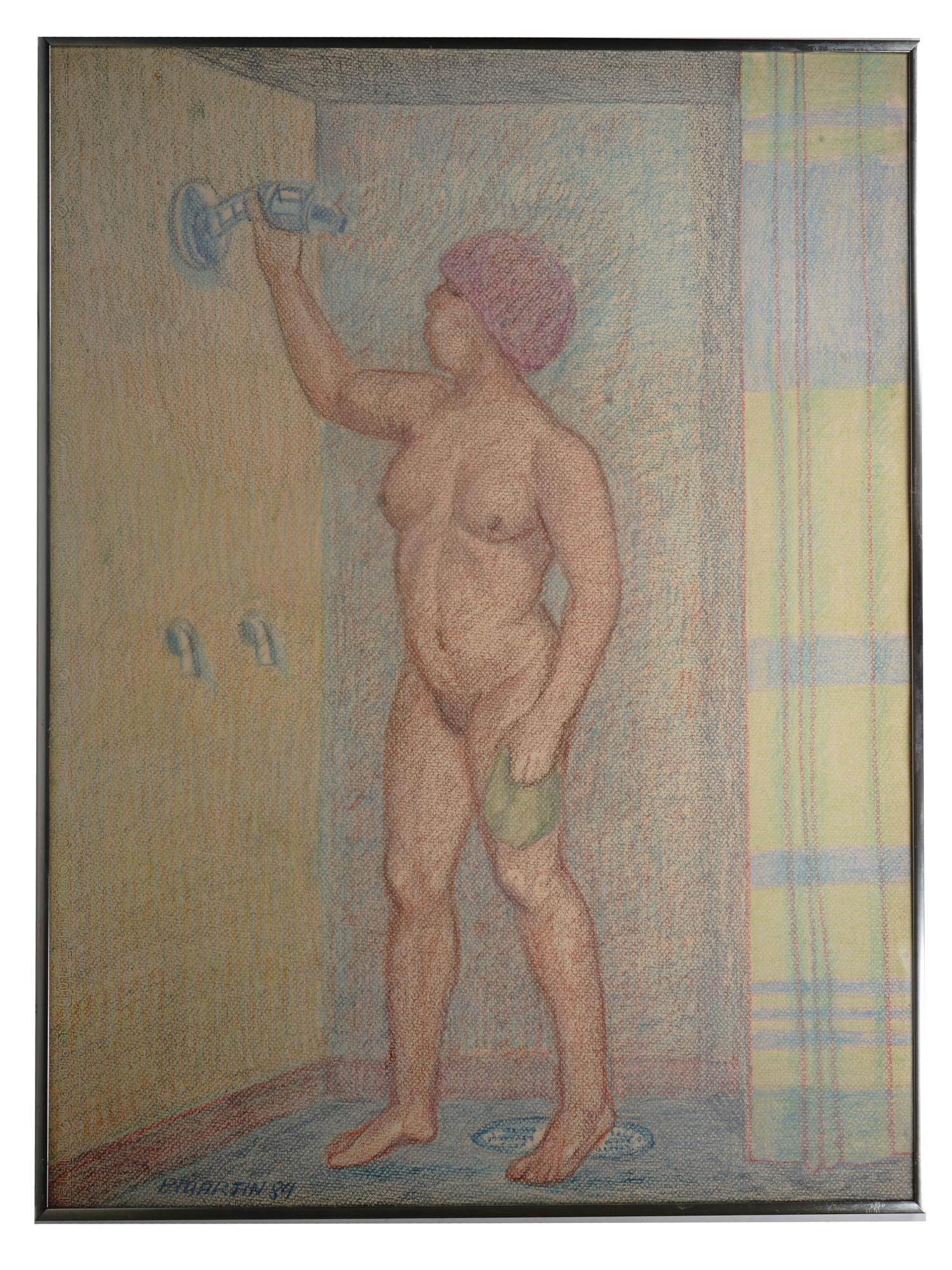 LARGE PASTEL NUDE PAINTING SIGNED P. MARTIN 1984: A large Post Impressionist pastel on paper painting depicting a bathing nude woman. Signed and dated lower left: P. Martin, 84. Housed in a thin metal frame. One of a kind artwork. Modernist Continent