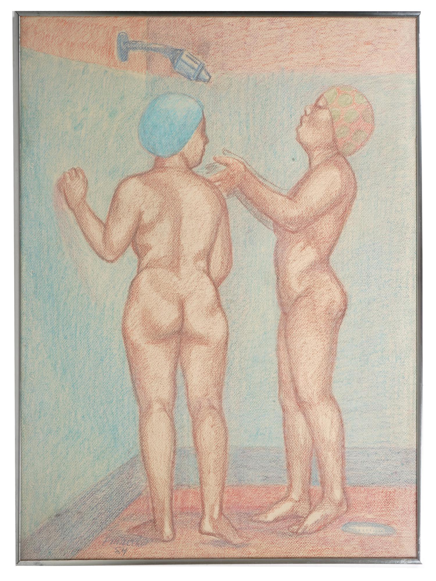 LARGE PASTEL NUDE PAINTING SIGNED P. MARTIN 1984: A large Post Impressionist pastel on paper painting depicting two nude women bathing. Signed and dated lower left: P. Martin, 84. Housed in a thin metal frame. One of a kind artwork. Modernist Contine