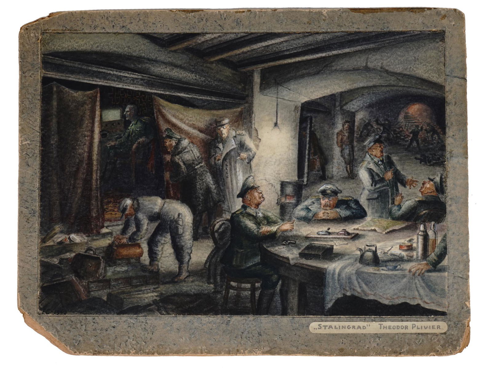 RUSSIAN WATERCOLOR PAINTING BY ELENA SEMENOVA: Elena Vladimirovna Semenova, Russian Soviet, 1898 to 1986, watercolor painting on cardboard, 1943, illustration to a novel Stalingrad by Theodor Plievier, 1892 to 1955. Signed with initials and dated