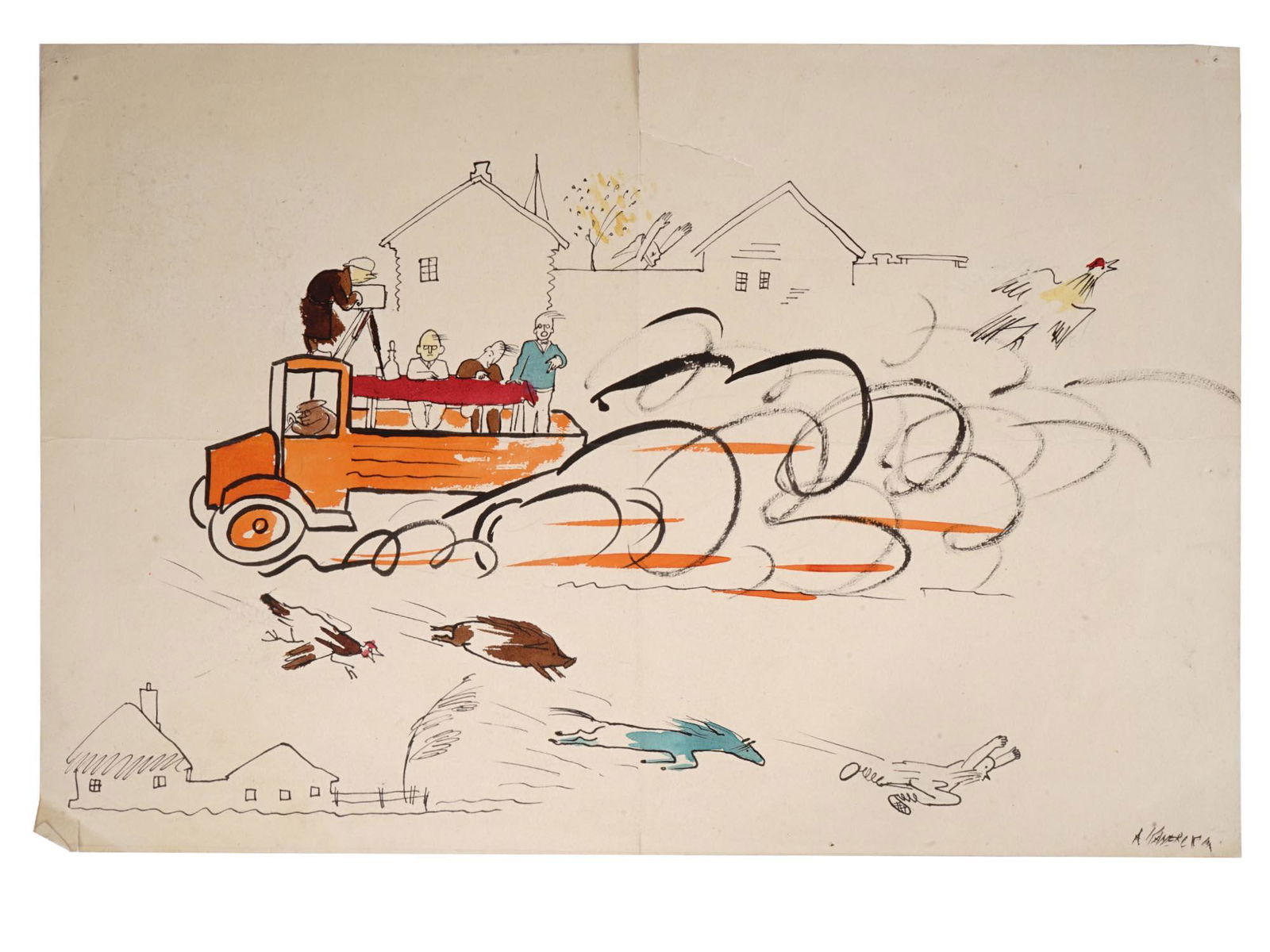 RUSSIAN WATERCOLOR PAINTING BY AMINADAV KANEVSKY: Aminadav Kanevsky, Russian Soviet, 1898 to 1976, mixed media, ink and watercolor, painting on a thick paper, Innovations and Nature. Circa: 1930s. Signed lower right. Provenance: The painting comes fr