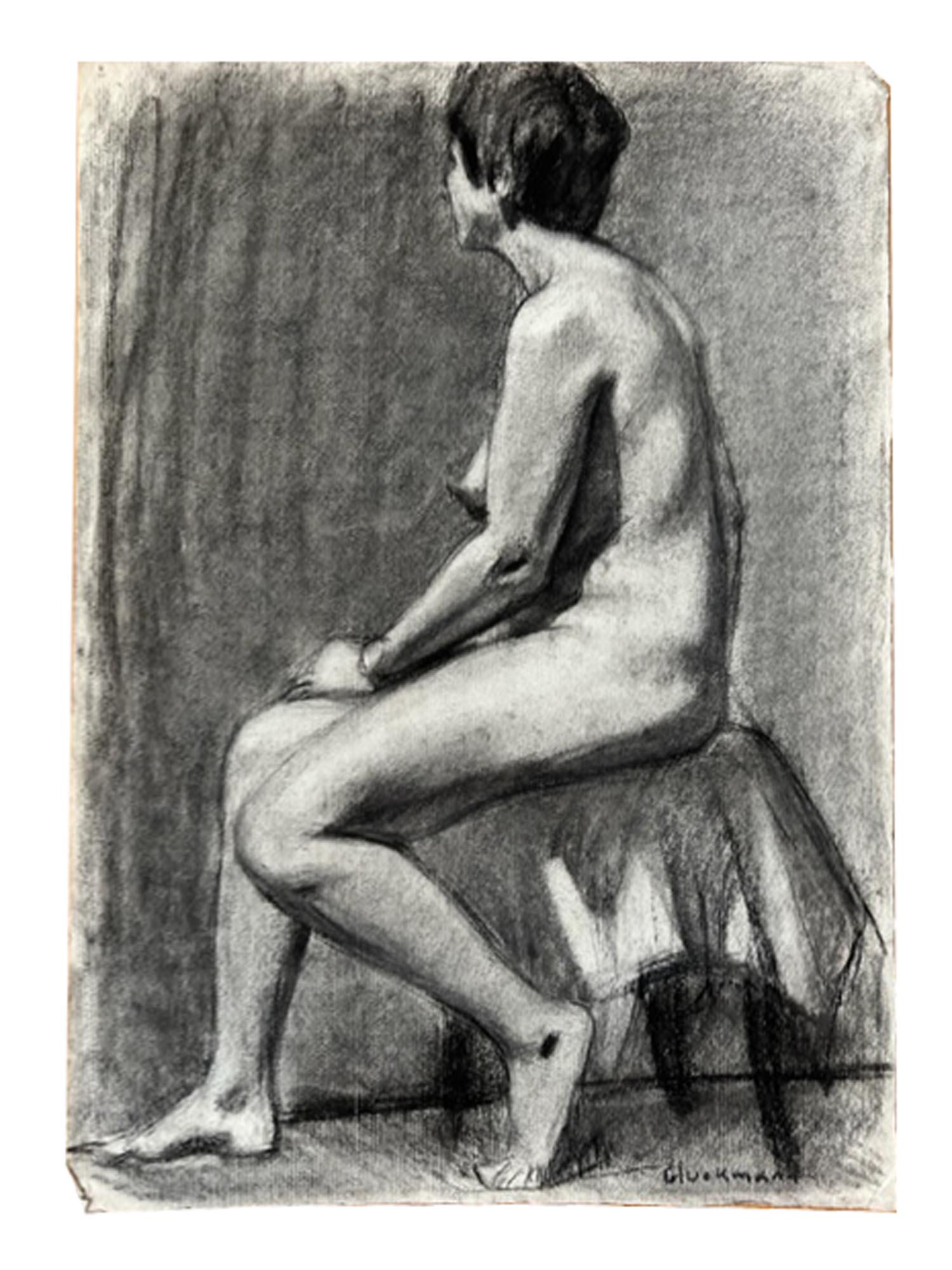RUSSIAN GRIGORY GLUCKMANN NUDE STUDY PAINTING: A charcoal on paper seated female nude figure study by Grigory Gluckmann, Russian, American, 1898 to 1973. Signed lower right: Gluckmann. One of a kind artwork. Provenance: Trinity International Aucti