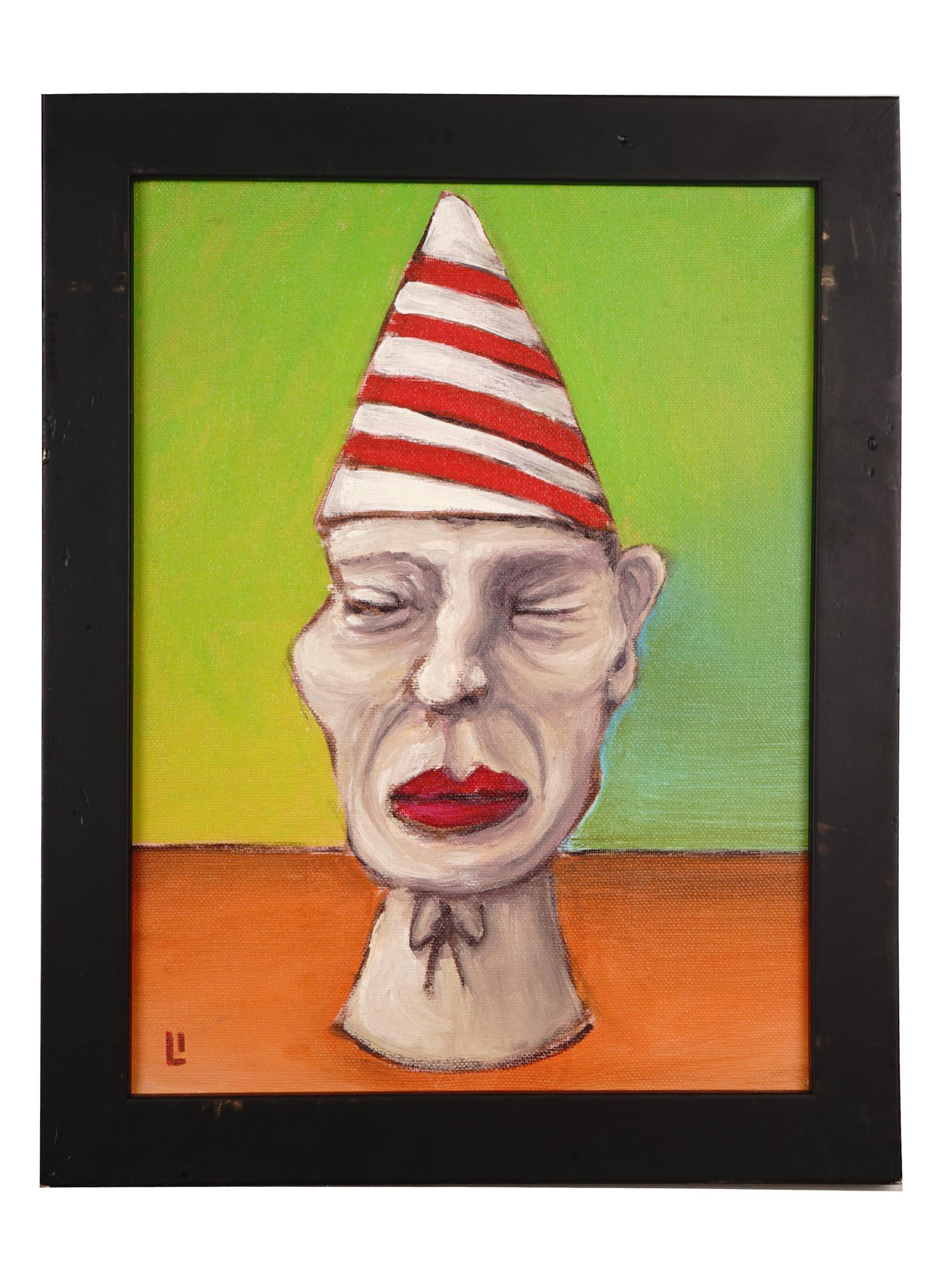 AMERICAN OIL PAINTING PORTRAIT BY LORENZO IRICO: Lorenzo Irico, an American Contemporary artist, oil painting on canvas depicting a portrait in the Surreal manner. Signed with a monogram lower left. Circa: 21st century. Additionally inscribed on the