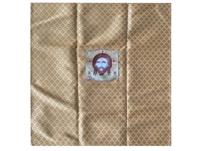 RUSSIAN TIMUR NOVIKOV COLLAGE ON SILK ART 1998: Timur Novikov, Russian, 1958 to 2002, Christ Icon, mixed media collage on thick gold tone silk, 1998. Signed and dated verso. Excellent condition. Provenance: Trinity International Auctions &