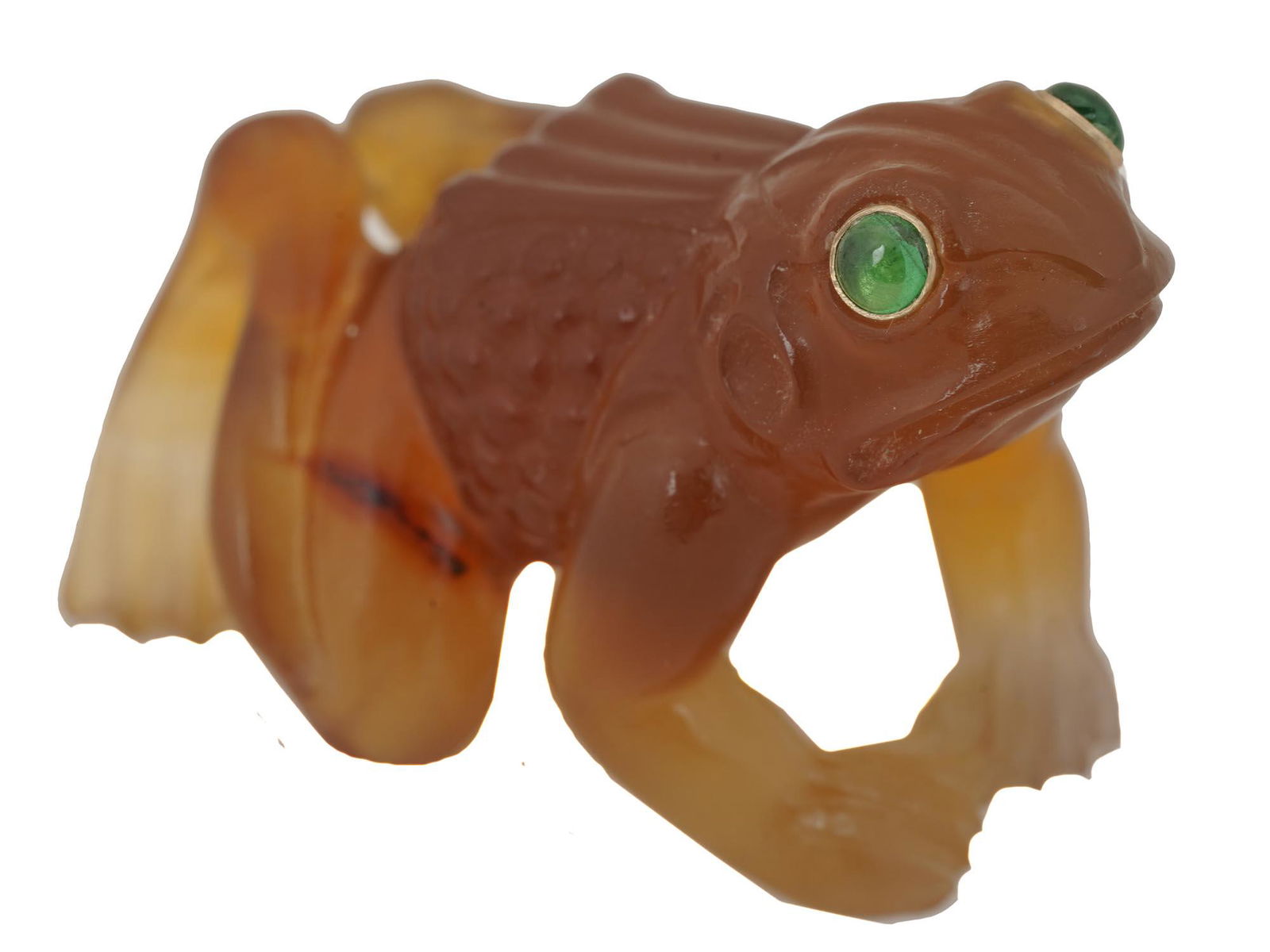 RUSSIAN CARVED AGATE FROG FIGURE W. EMERALD EYES: A Russian natural agate figurine skillfully hands carved in the form of a frog with eyes set with green emerald cabochons in gold settings. Unmarked. Hand Carved Gemstone Figurines, Russian Antiques,
