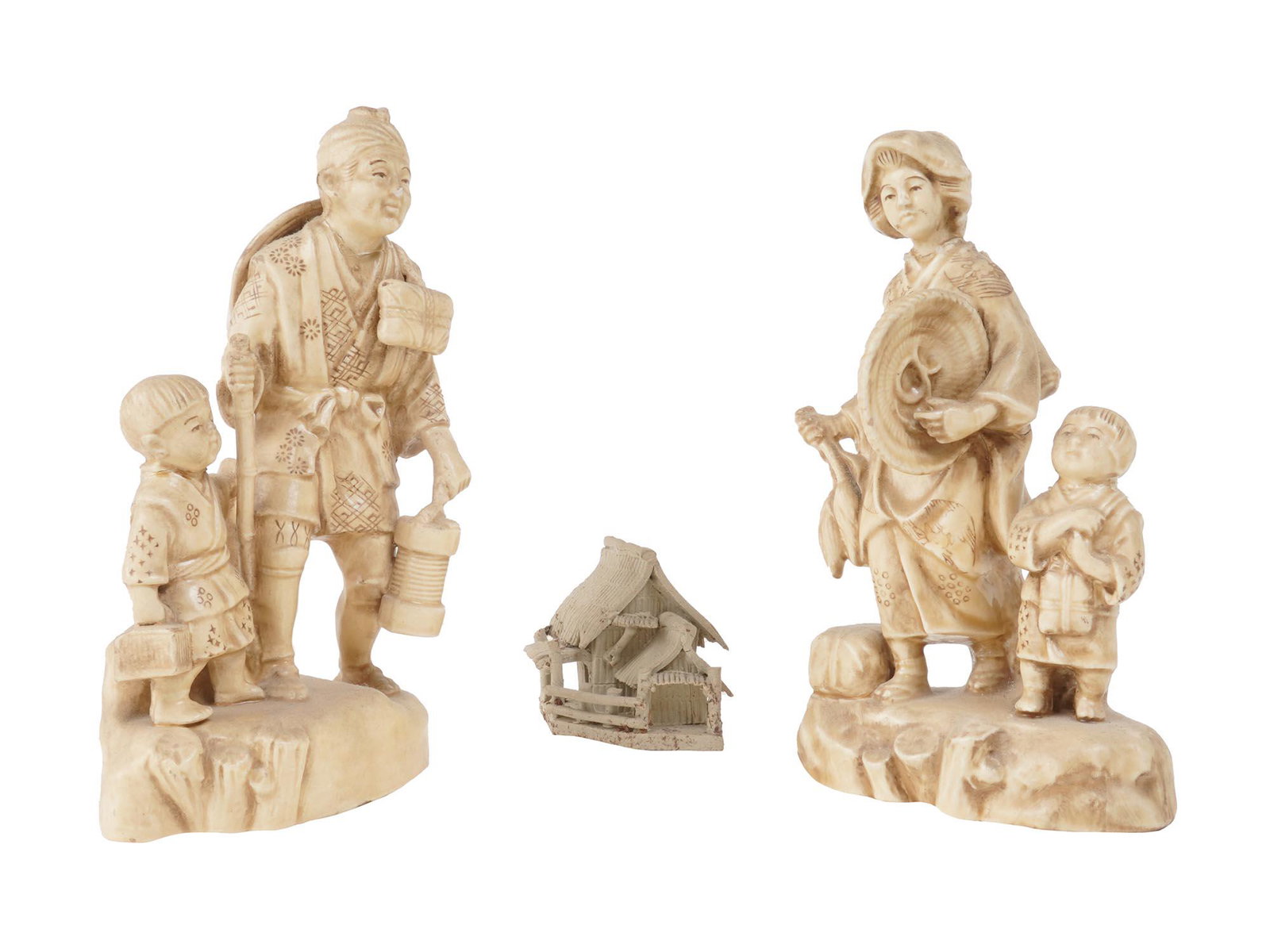 TRADITIONAL JAPANESE CERAMIC OKIMONO FIGURINES: A set of three handmade Japanese decor items. A small clay traditional Japanese house. Two ceramic Okimono figurines. Okimono is a traditional decorative object similar to, but larger than netsuke tha