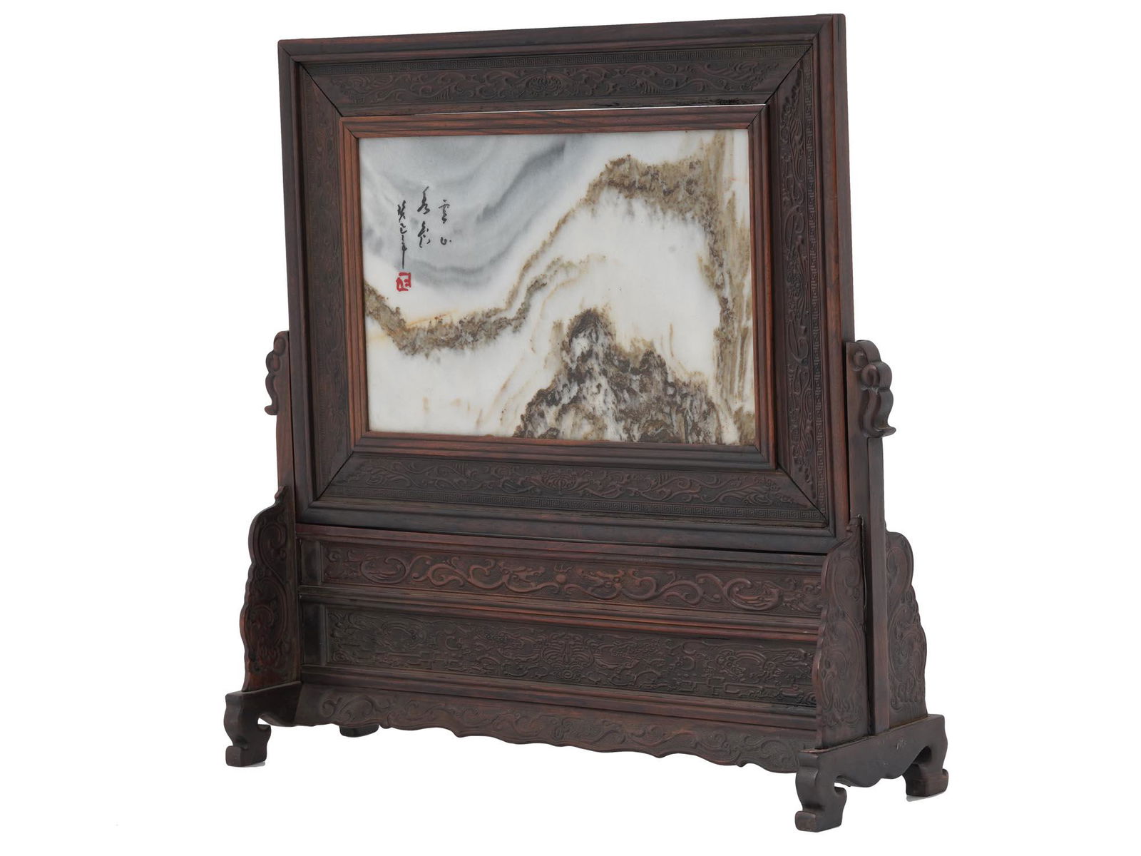 ANTIQUE CHINESE CARVED MARBLE TABLE SCREEN FRAMED (1 of 10)