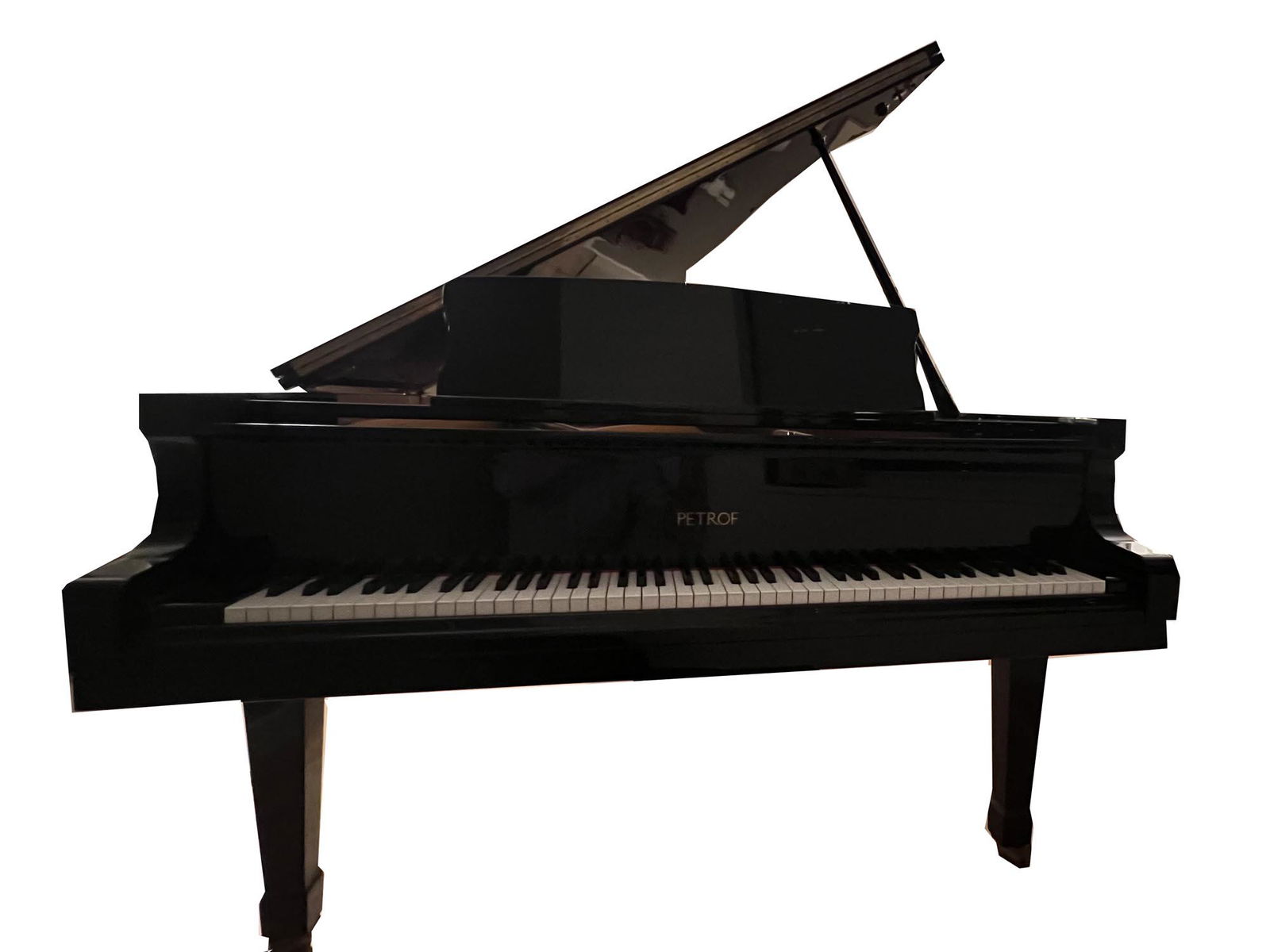 PETROF BABY GRAND PIANO. CZECH REPUBLIC, 20TH C: A beautiful baby grand piano model in polished ebony. Features a gold Petrof emblem with a lion standing on its hind legs. The lot also includes a black leather adjustable artist piano bench stool in