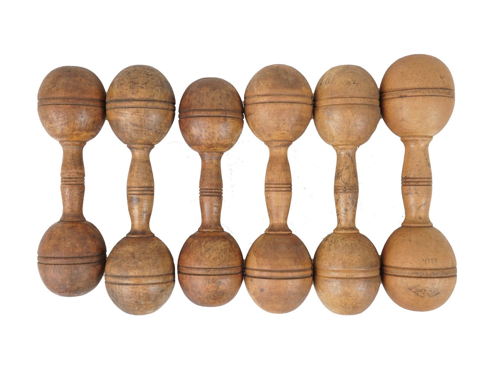 ANTIQUE EDWARDIAN ERA HAND TURNED WOODEN DUMBBELLS (1 of 6)