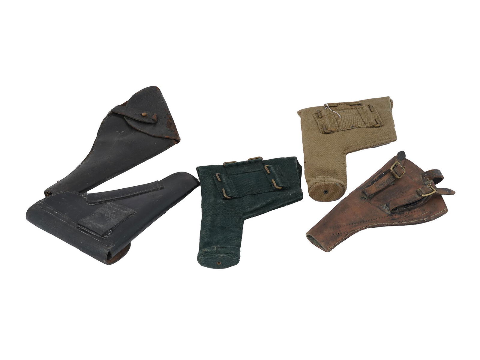ANTIQUE AND VINTAGE BRITISH PISTOL HOLSTERS: A set of five vintage pistol holsters including original WW1 and WW2 British officers open and closed top pistol holsters, brown and black stitched leather with a belt loop on the reverse, for Webley