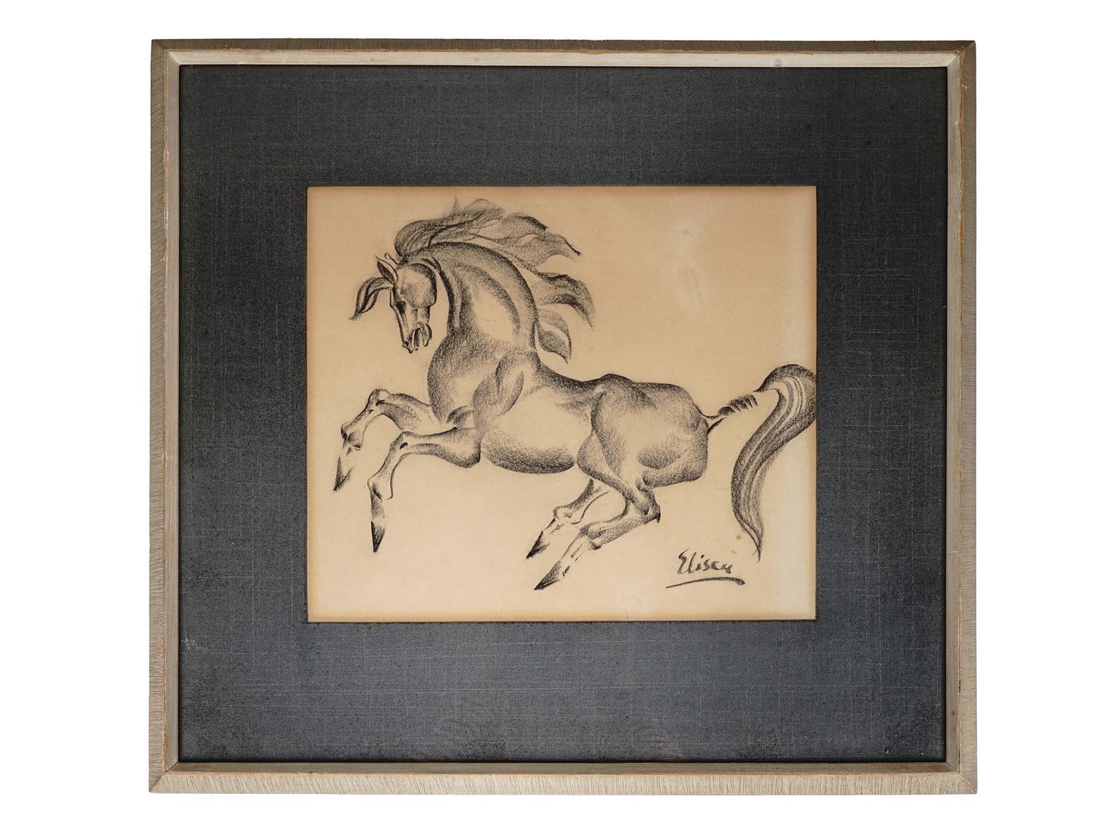 AMERICAN CHARCOAL DRAWING SIGNED FRANK ELISCU: Frank Eliscu, American, 1912 to 1996, charcoal on paper drawing depicting a horse. Signed by the artist lower right. Matted and framed. Frank Eliscu was more famous for his sculptures. He was an art t