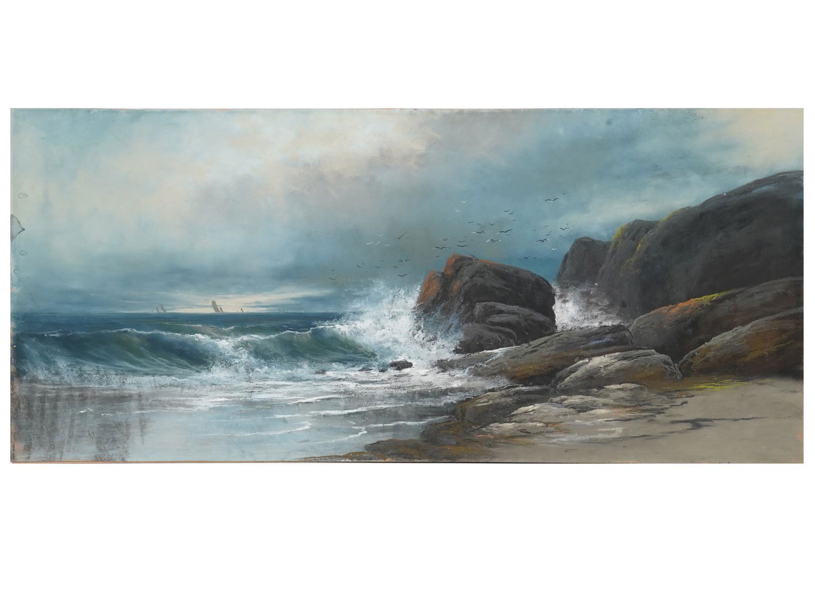 ANTIQUE MARINE PASTEL PAINTING SIGNED BY ARTIST (1 of 5)