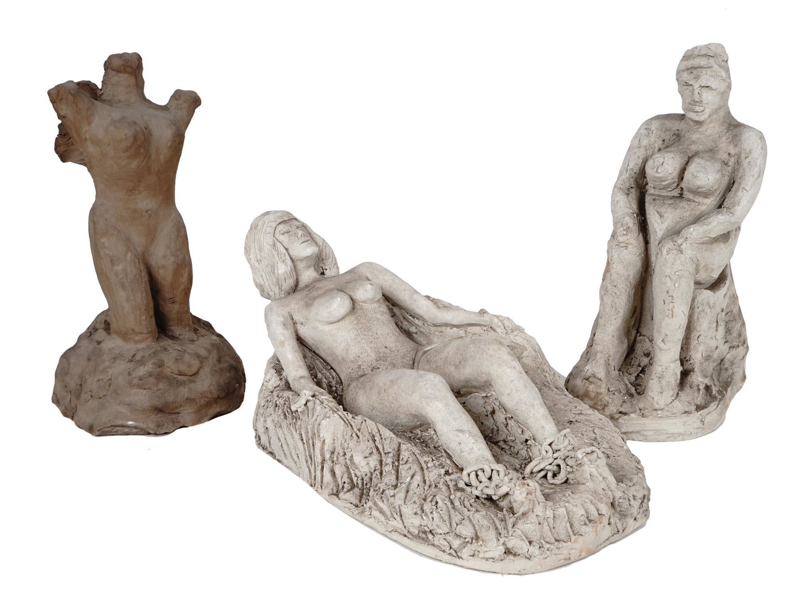 ATTR TO STEELE BURDEN THREE CLAY NUDE SCULPTURES: Attributed to Steele Burden, American, 1900 to 1995, three vintage clay sculptures depicting nude female figures or parts of the female body were made in a Naive manner. Unsigned. Circa: 1960s. Steele
