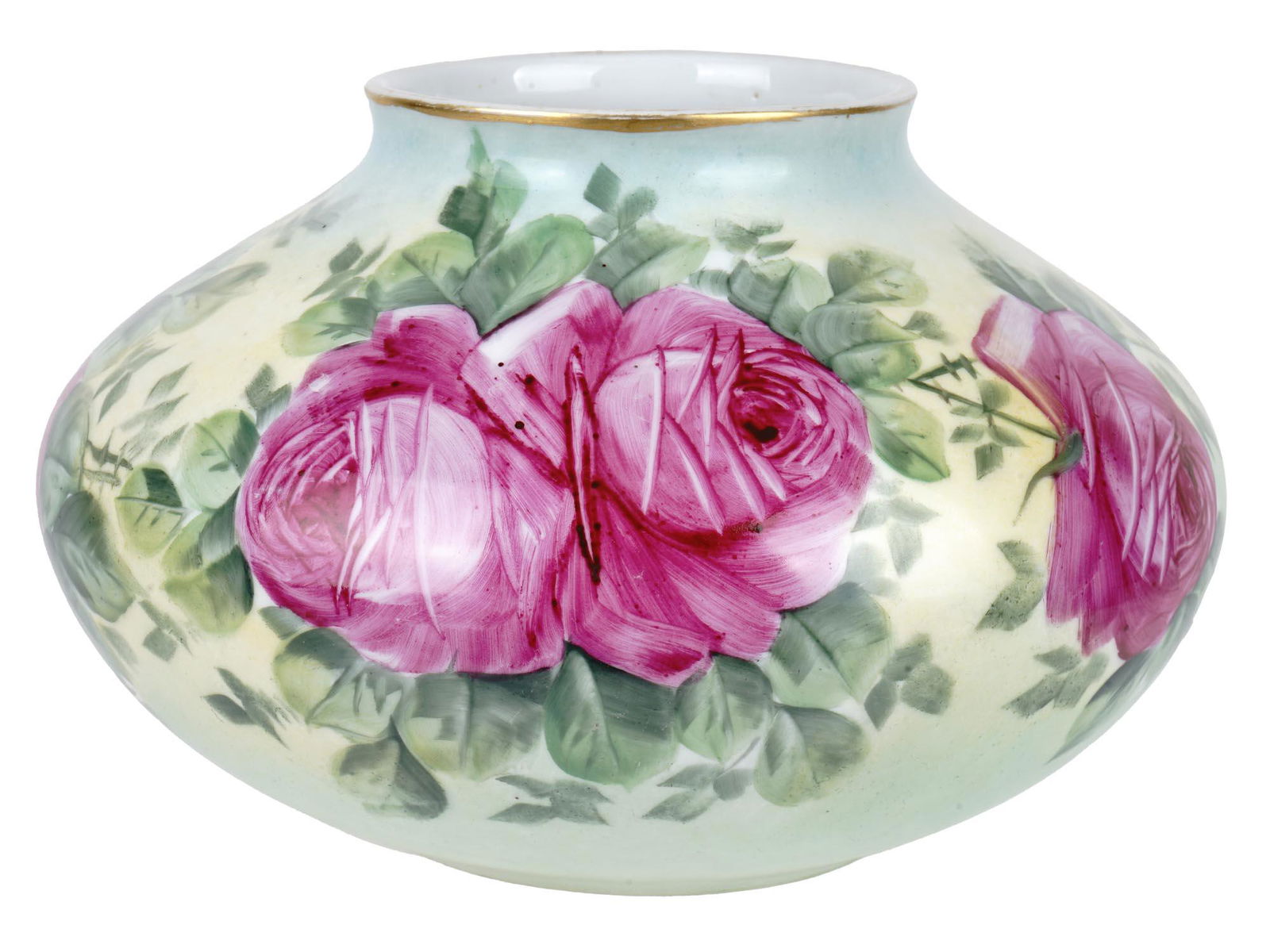 ANTIQUE 1920S LIMOGES FRANCE PORCELAIN VASE: An antique hand painted porcelain squat vase with bright crimson roses design on multi color background and gilded rim by Bernardaud and Co., Limoges, France. Dated circa 1920. Marked on the bottom: B