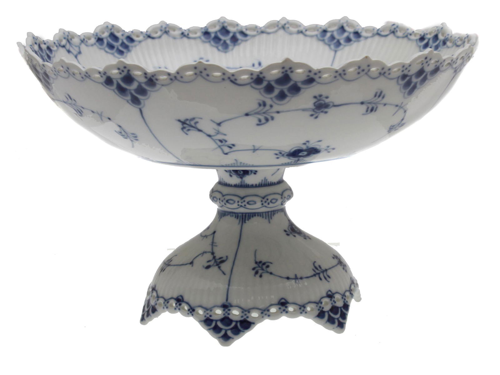 A ROYAL COPENHAGEN BLUE FLUTED FULL LACE TAZZA: A Vintage Royal Copenhagen Footed Dish Decorated With The Blue Fluted Pattern In Full Lace. Every Little Hole In The Intricate Lace Border Is Hand Made And Accented With Blue Brushstrokes. Marks On Th