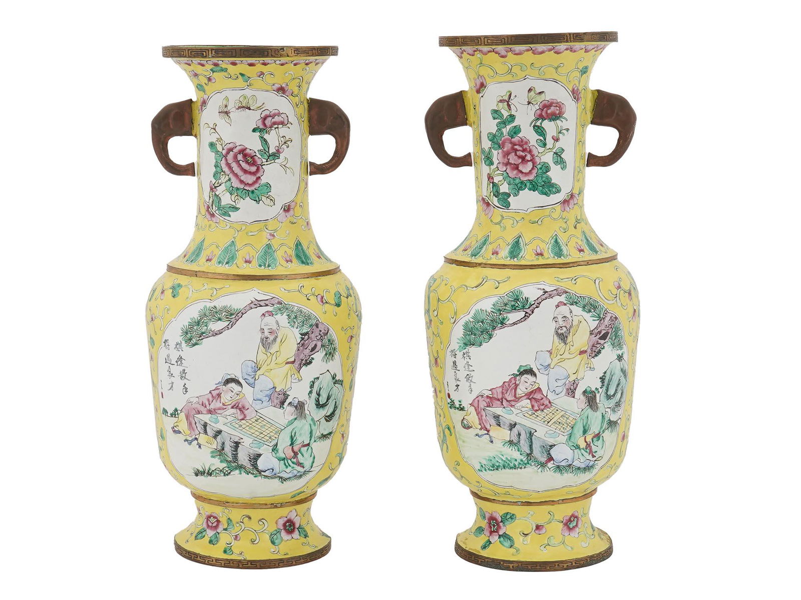 PAIR OF CHINESE FAMILLE ROSE ENAMELED BRASS VASES (1 of 6)