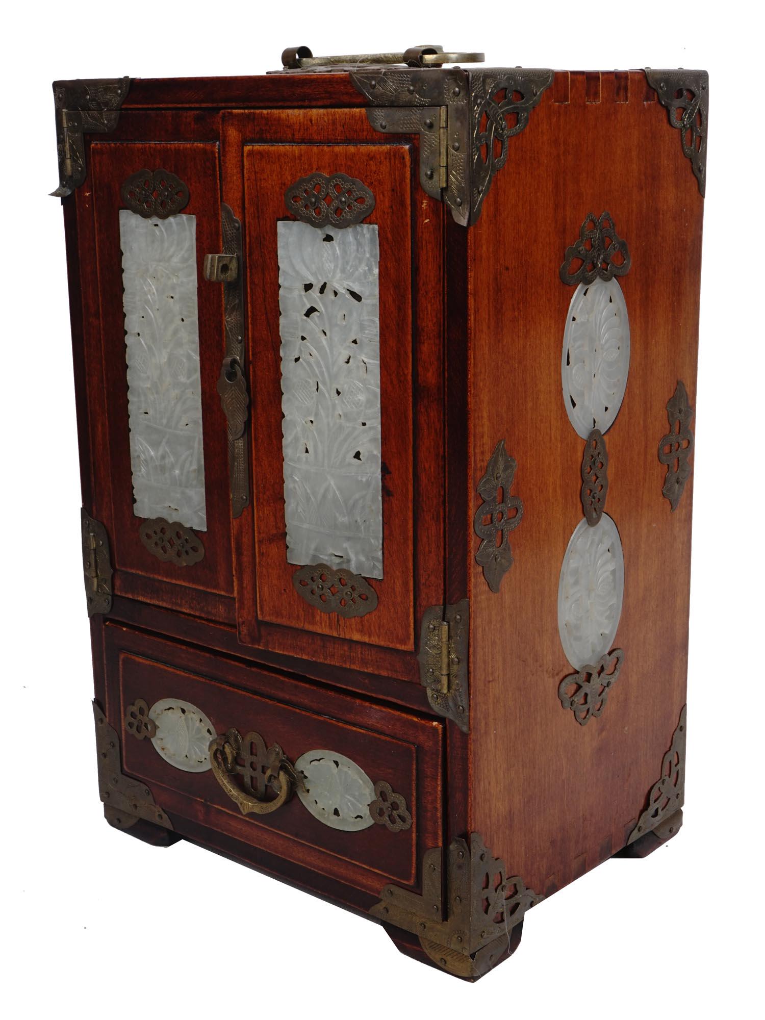 CHINESE JEWELRY CABINET WITH CARVED JADE INSETS (1 of 12)
