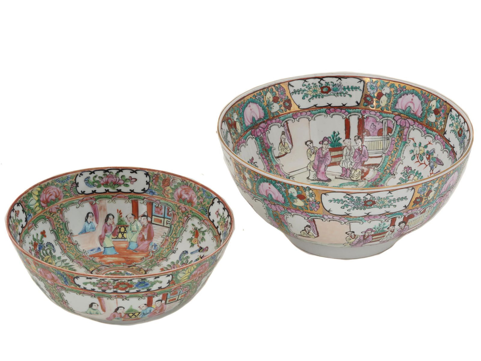 PAIR OF CHINESE FAMILLE ROSE PORCELAIN BOWLS: A pair of Chinese Famille Rose porcelain bowls. The exterior and interior of the bowls are adorned with Medallions depicting a court and birds and flowers scenes, and a foliage pattern. One is marked