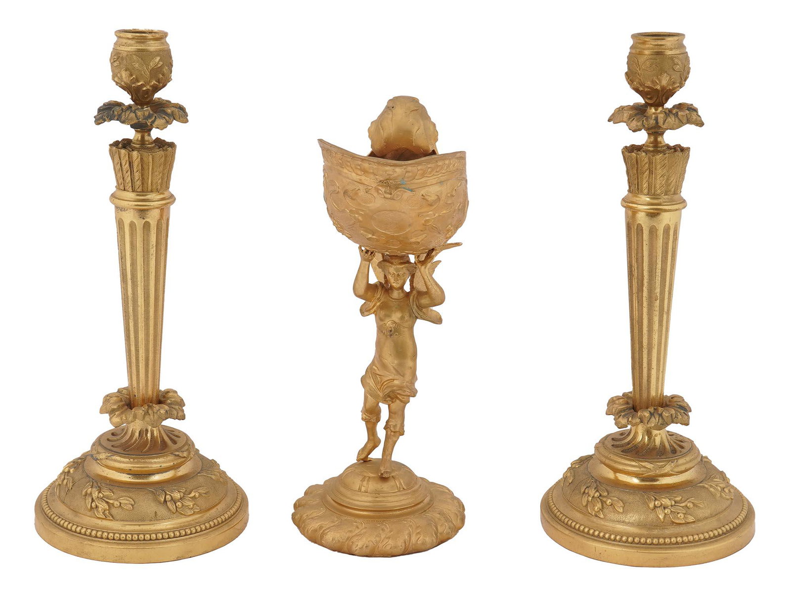 ANTIQUE SET GILT BRASS CANDLEHOLDERS CENTER PIECE: A set of Neoclassical style home decor. A pair of French Neoclassical gilt brass candle holders made in Louis XV style. The candle holders were designed by Louis Constant Sevin, 1821 to 1888, and scul