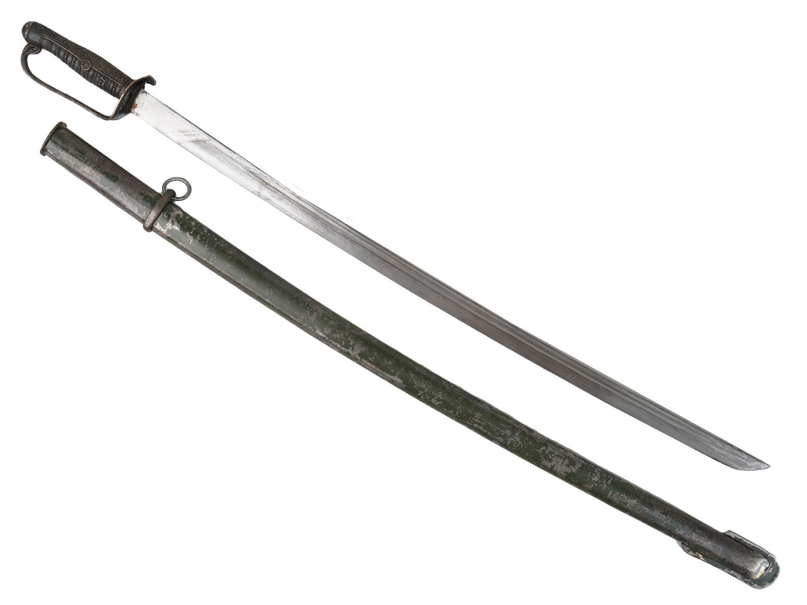 CHINESE MILITARY WAR SABER SWORD WITH A SCABBARD: A Chinese Military War Cavalry saber sword. A stainless steel blade. A steel hilt is formed by a D shaped smooth bow, and engraved with flowers and ropes patterns. Completed with a metal scabbard with